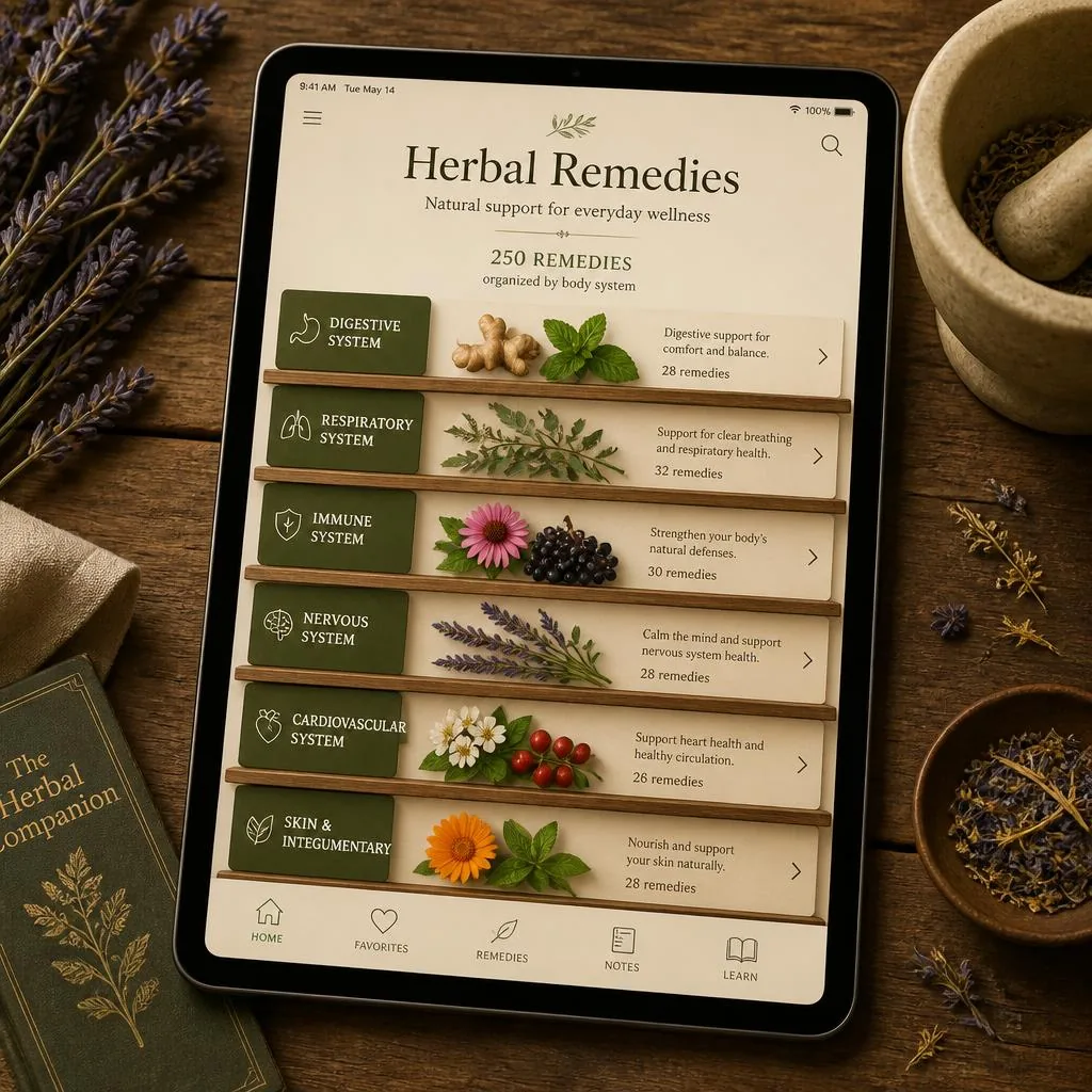 Tablet mostrando los 250 remedios organizados por sistema